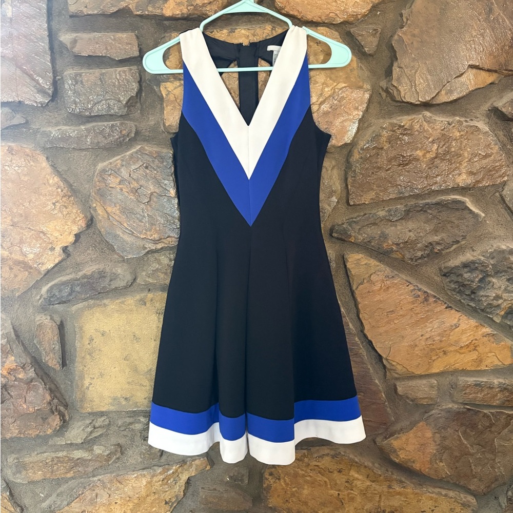 H&M Black Mini Dress with Blue and White V-Neck Accents